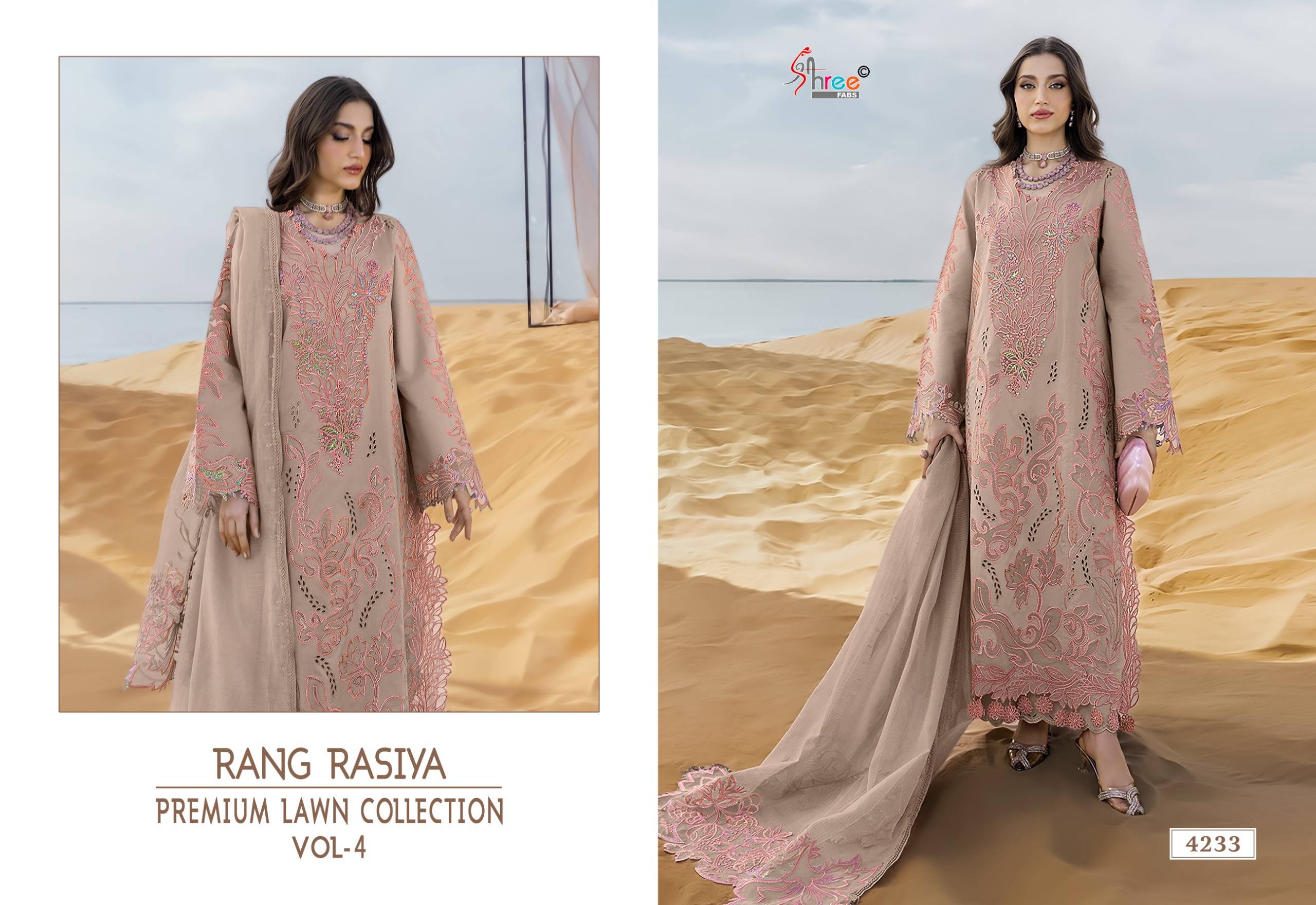 RANG RASIYA PREMIUM LAWN COLLECTION VOL-04 BY Shree fabs 4233 TO 4238 SERIES Pakistani Stylish Embroidered COTTON LAWN Dresses At Wholesale Price